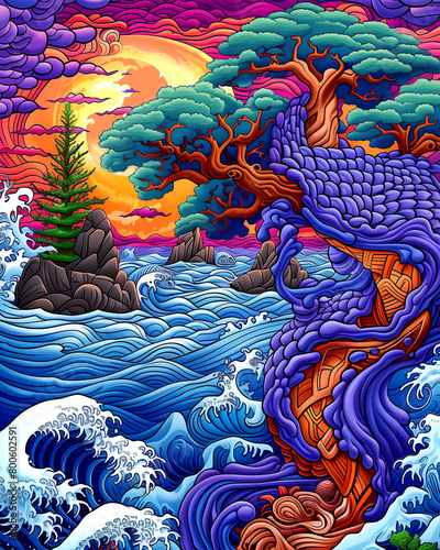 A painting of a tree with a blue dragon wrapped around it