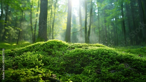 A vibrant green forest with sunlight streaming through the trees. The foreground features a lush moss-covered hill, demonstrating intricate details of the moss textures and tiny plants. Rays of sunlig