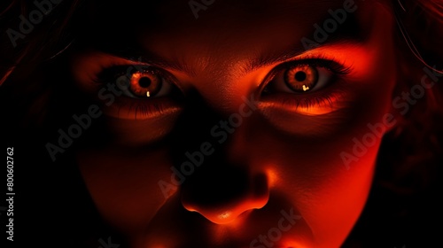 silhouette of person looking into camera with eyes glowing red