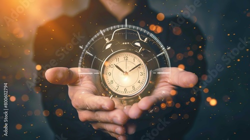 An individual is holding an alarm clock extended towards the camera, giving the appearance that the clock is floating. The person is out of focus, with only the hands and the clock being clear. The cl