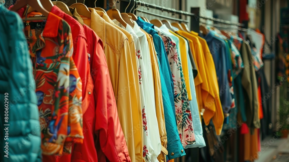 A row of colorful jackets and shirts is displayed on hangers against a blurred background. The clothing items vary in design, with some featuring solid colors, while others have printed or floral patt