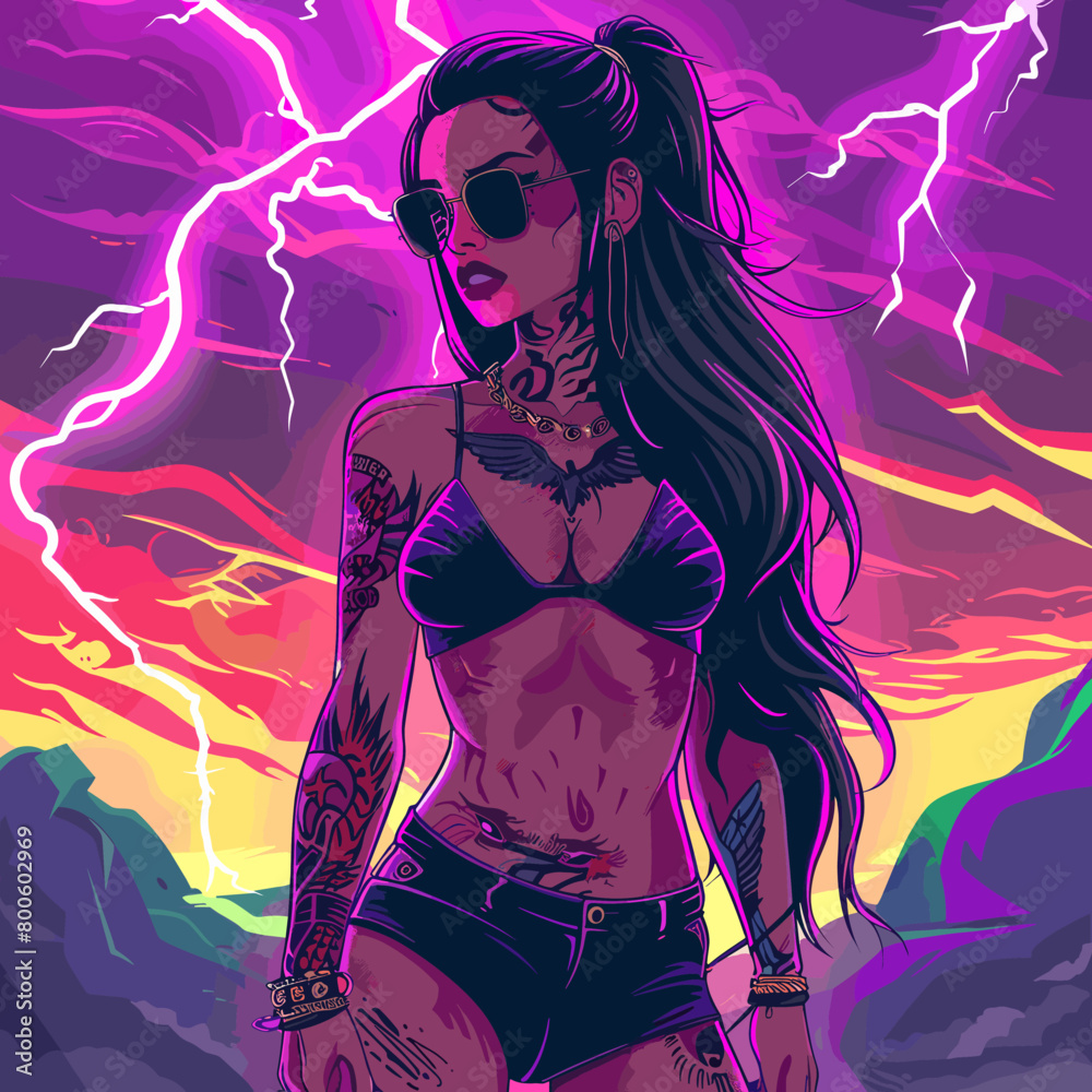 A woman with tattoos and a black bikini is standing in front of a stormy sky