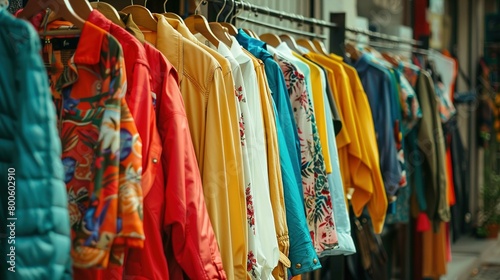 A row of colorful jackets and shirts is displayed on hangers against a blurred background. The clothing items vary in design, with some featuring solid colors, while others have printed or floral patt
