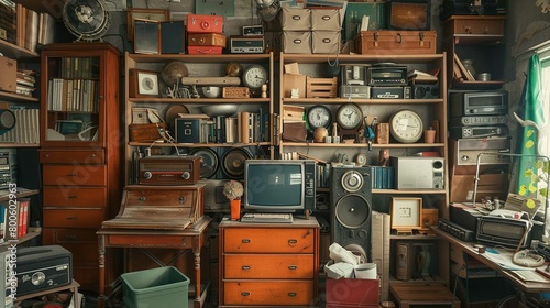 The picture displays a room filled with various objects and equipment, presumably collected over many years. Multiple shelves and pieces of furniture hold an assortment of items, including numerous vi