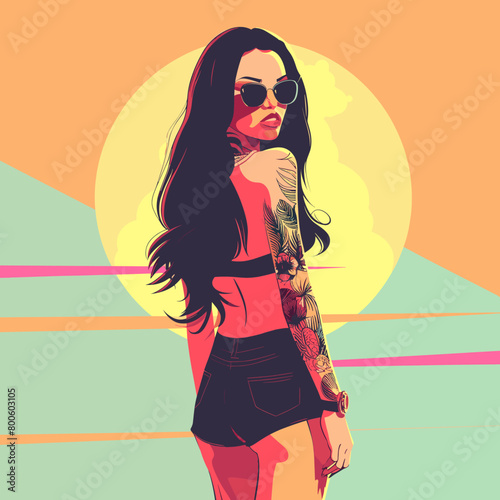 A woman with long hair and tattoos on her arm stands in front of a yellow sun