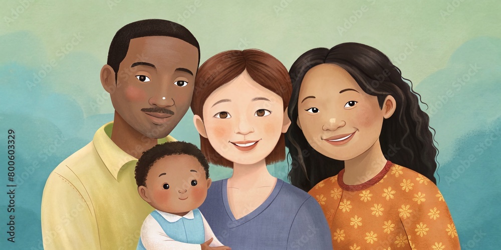 illustration of a family photo, parents of different nationalities and children satisfied picture illustration of a family photo, parents of different nationalities and children satisfied picture
