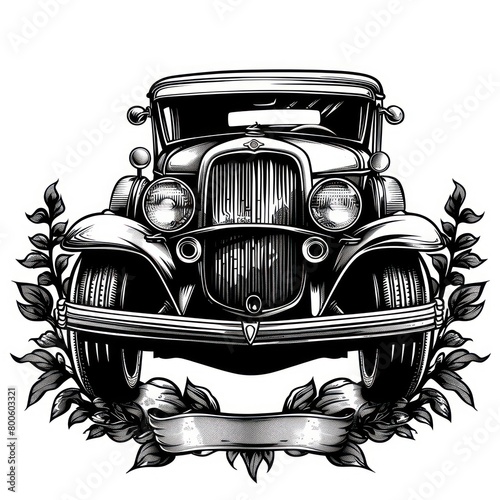 A detailed frontal illustration of a classic vintage car adorned with floral elements and a ribbon, exuding elegance and nostalgia photo