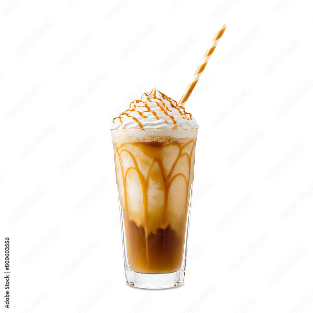 A glass of ice cream with a straw in it. The ice cream is topped with whipped cream and caramel sauce. A glass of ice cream with a straw in it. The ice cream is topped with whipped cream and caramel sauce.