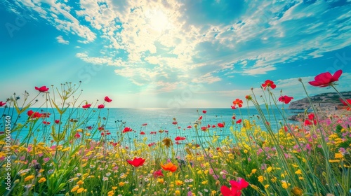 Panorama landscape of vibrant summer flowers along the coast, photography Colorful sun light high detail landscape background photo
