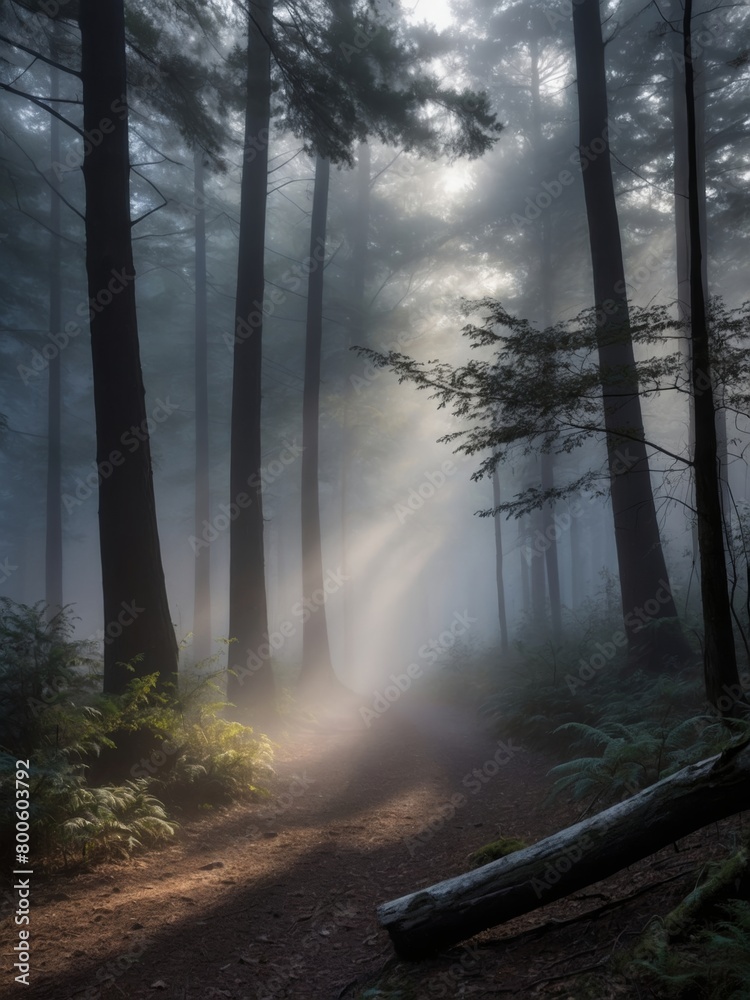 Obraz premium Mystical Misty Forest SceneSwirling Foggy Ambiance.