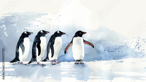 Penguins waddle across the ice  watercolor painting on a white background