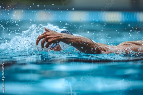 Male swimmer in a cap and water goggles. Close-up of a face in the pool during a competition. Concept  swimming and sports in water. Grunge style