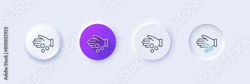 Donation money line icon. Neumorphic, Purple gradient, 3d pin buttons. Tips money sign. Giving cash hand symbol. Line icons. Neumorphic buttons with outline signs. Vector photo