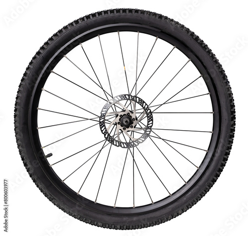 Bicycle wheel with off-road tire and brake disc on isolated background. photo