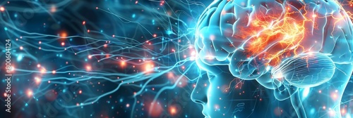 Stress management is visualized by a serene flow of neural activity in the brain, promoting relaxation techniques, close up hitech concept photo