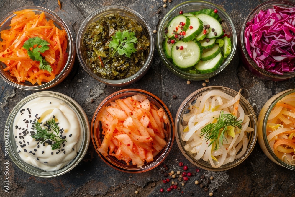 Fermented foods and drinks: kimchi, pickles, sauerkraut, miso soup, kombucha, yogurt, kefir