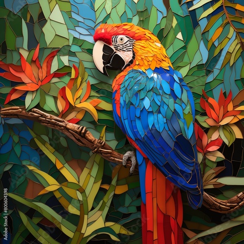 Create stained glass mosaic of a colorful parrot sitting on branch, be facing left, with tropical flowers in background.