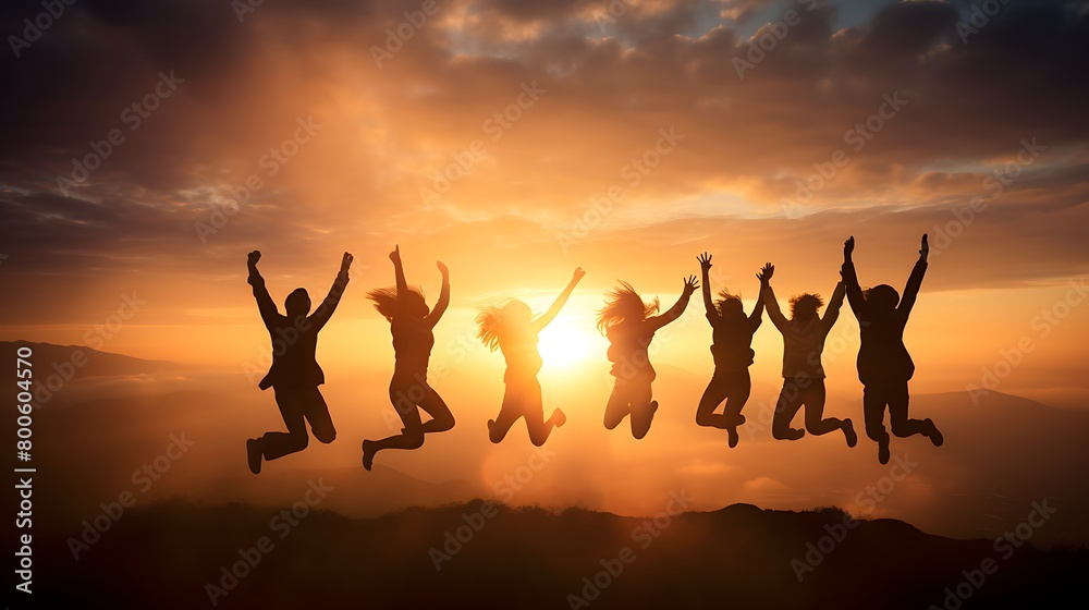 Silhouette of group of people jumping in the air in front of bright sunrise in mountain Silhouette of group of people jumping in the air in front of bright sunrise in mountain
