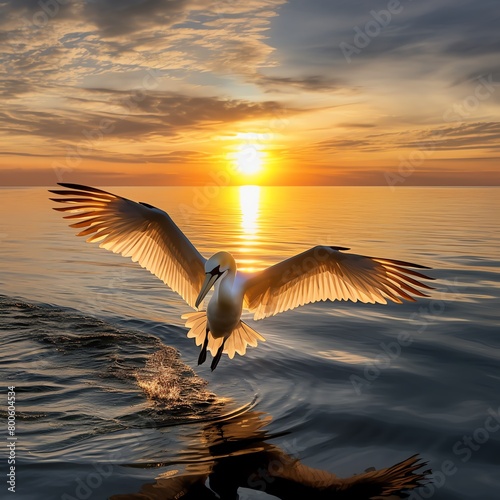 Take flight with the Northern Gannet as it soars above the crashing waves, its wings outstretched, catching the golden rays of the setting sun. © kang_88_qp