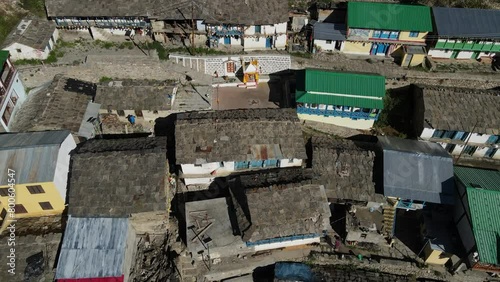 Aerial Drone shot of a small village situated in Niti valley. photo