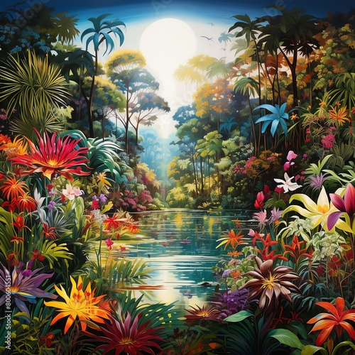 A lush rainforest with a river running through it. The trees are tall and green, the flowers are colorful and abundant, and the air is thick with the sound of birdsong.