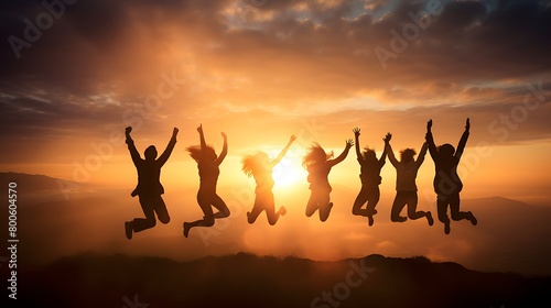 Silhouette of group of people jumping in the air in front of bright sunrise in mountain 
