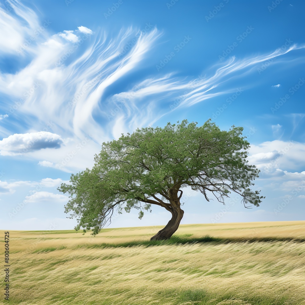 Obraz premium A large, old tree stands alone in a field of wheat