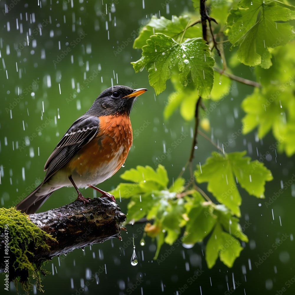 A beautiful shot of a bird sitting on a branch in the rain