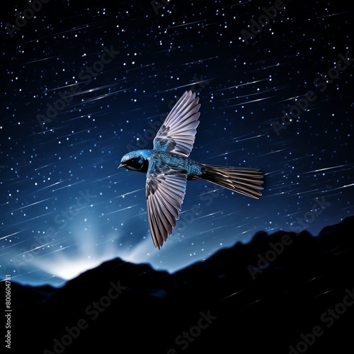 A bird flies high above the mountains at night with the stars shine brightly in the background