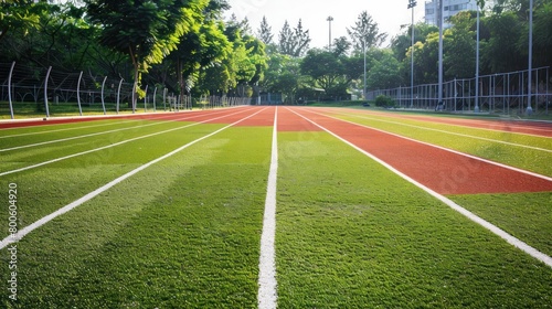 Beautiful outdoor running track with fresh green grass. Generated AI image