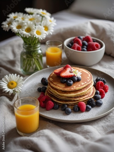 Mother's Day Breakfast TrayPancakes, Berries, Flowers, and Love for Mom photo