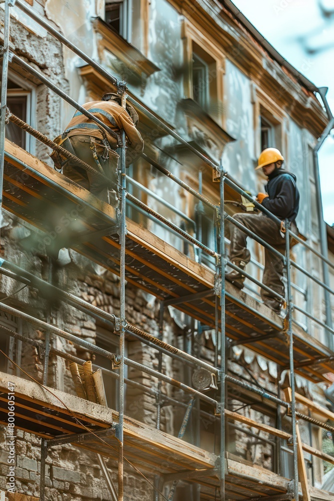 Fototapeta premium A skilled construction worker focused on the restoration of an old building, secured with the scaffolding