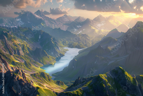 Alpine paradise majestic mountains and lakes bathed in sunset light  