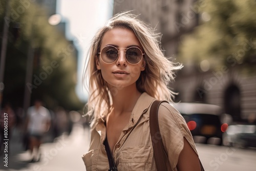 A blonde woman wearing sunglasses and a brown purse stands on a city street