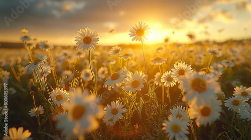 A vibrant field of daisies blanketing the countryside in a sea of white and yellow © Aniqa