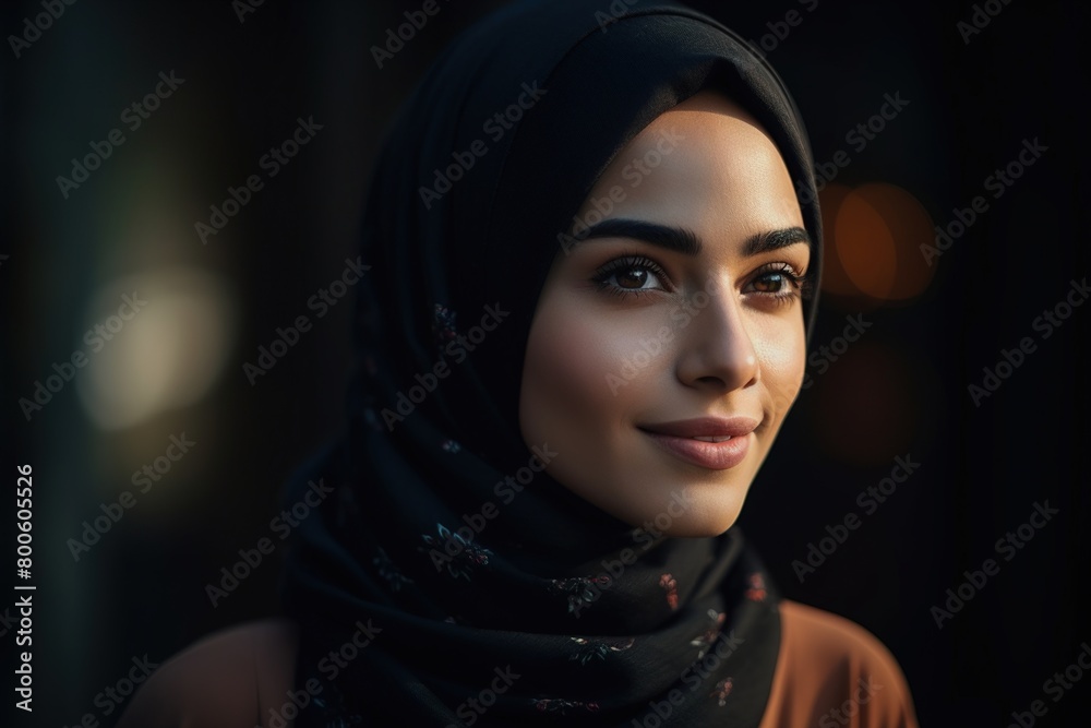 A woman wearing a black scarf with a smile on her face A woman wearing a black scarf with a smile on her face