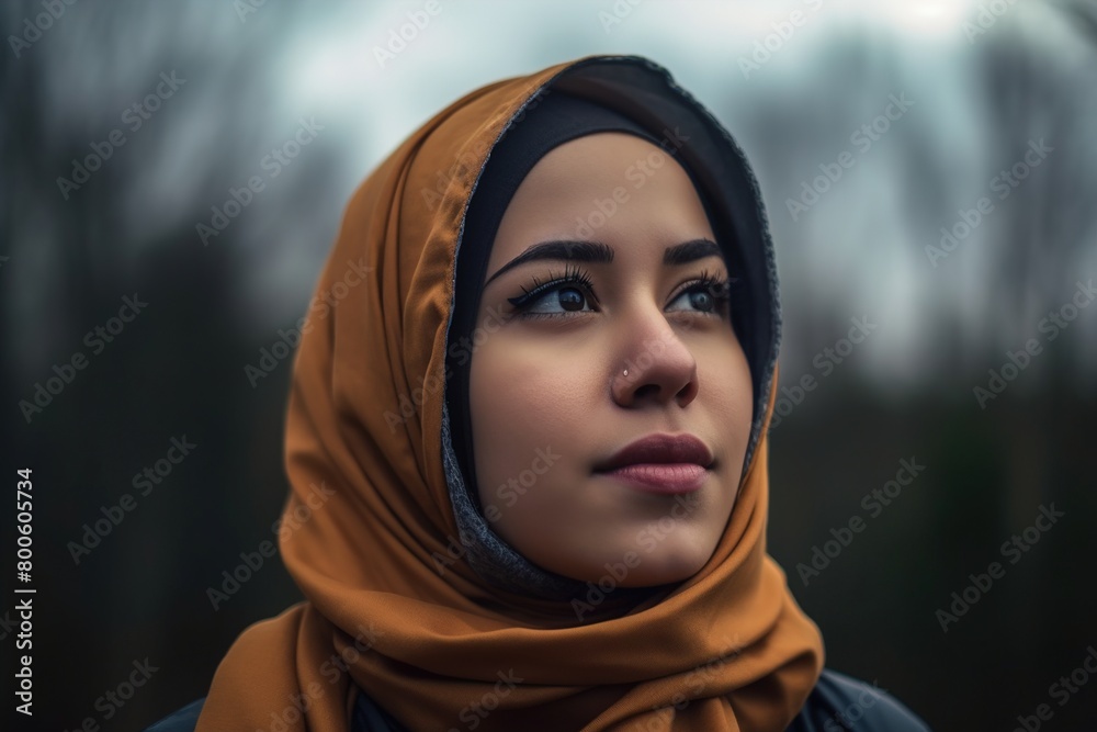 A woman wearing a scarf and looking at the camera A woman wearing a scarf and looking at the camera
