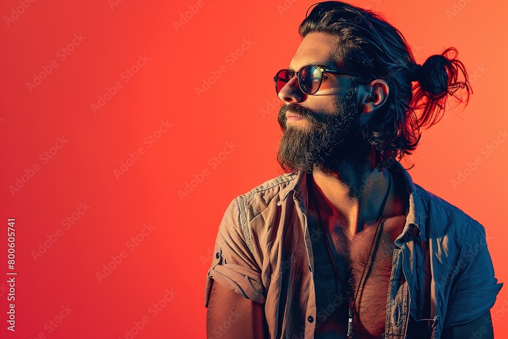 A man with a beard and sunglasses is standing in front of a red background