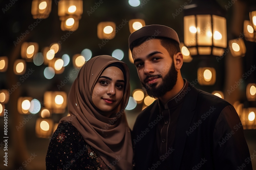 A man and woman are standing together in a dark room with lights shining on them