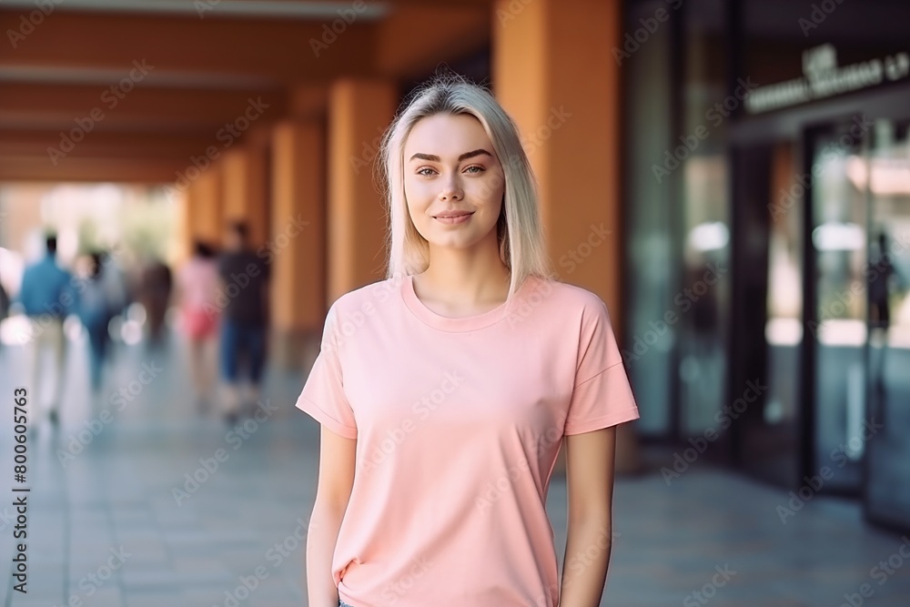 A woman in a pink shirt stands in front of a building A woman in a pink shirt stands in front of a building