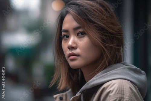 A woman with brown hair and brown eyes is standing in front of a building