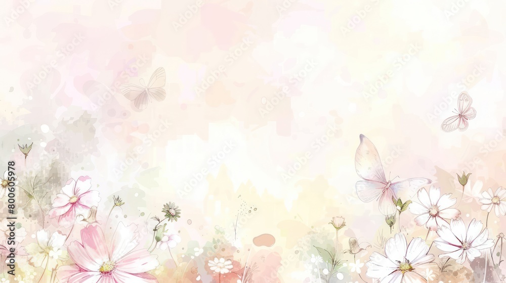 The artwork captures a delicate dance of butterflies among soft-hued flowers, suggesting the beauty of Spring's rebirth