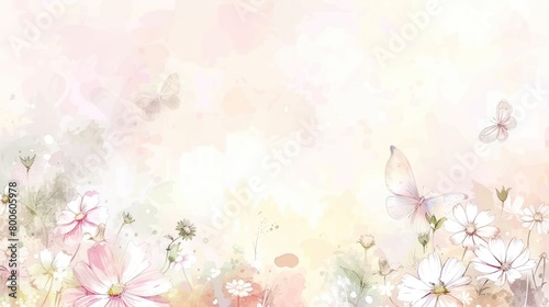 The artwork captures a delicate dance of butterflies among soft-hued flowers, suggesting the beauty of Spring's rebirth