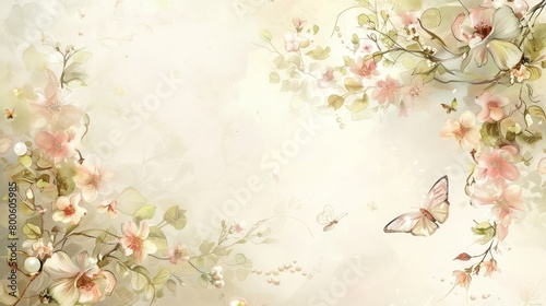 This image portrays a serene scene of delicate  intertwining flowers and graceful butterflies against a muted backdrop
