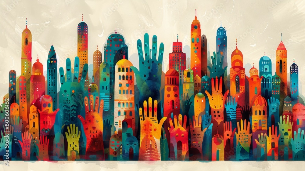 A colorful painting of a city with many hands reaching out, AI A colorful painting of a city with many hands reaching out, AI