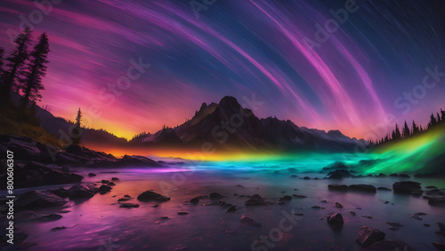 Scene of vibrant-colored streaks of light painting across a darkened sky  each hue blending seamlessly into the next to form a breathtaking display of the entire spectrum ULTRA HD 8K