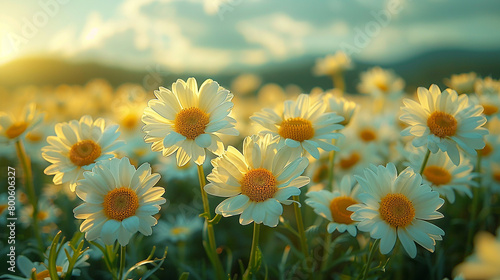 A vibrant field of daisies blanketing the countryside in a sea of white and yellow © Aniqa