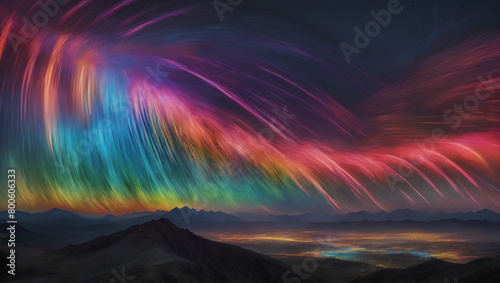 Scene of vibrant-colored streaks of light painting across a darkened sky, each hue blending seamlessly into the next to form a breathtaking display of the entire spectrum ULTRA HD 8K