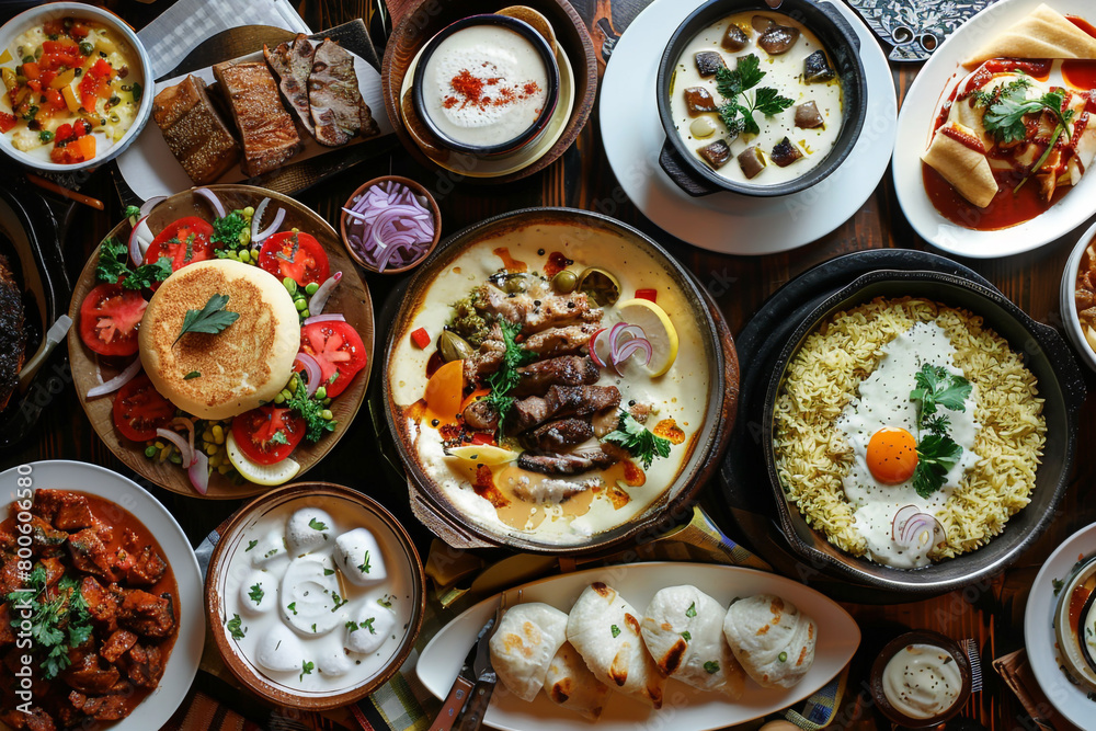 American and Russian food influences showcasing national dishes 