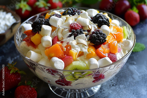 Ambrosia Salad with hand picked fruit coconut and marshmallows drizzled with a honey yogurt dressing 